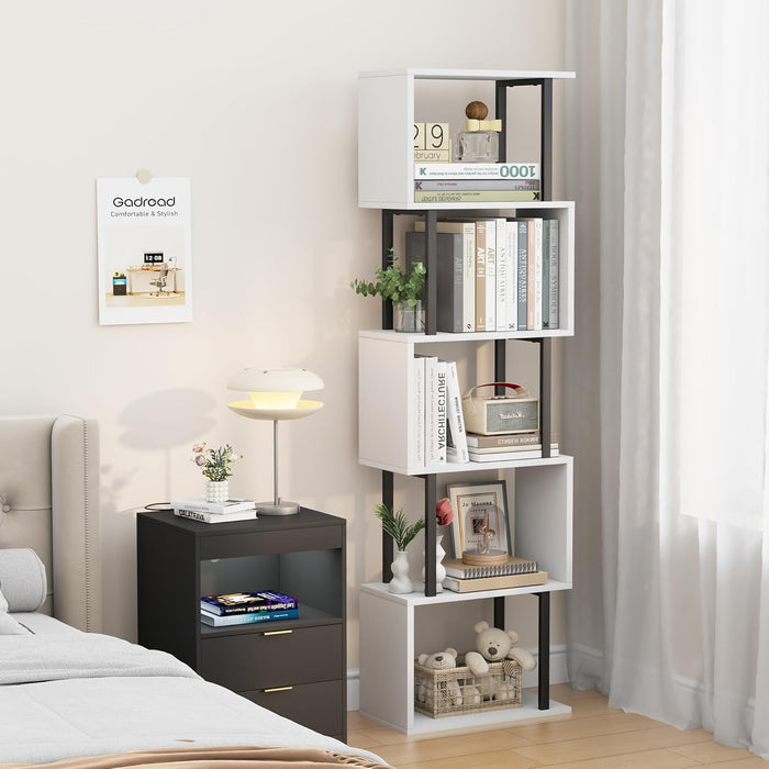 5-Tier Bookshelf, Narrow S-Shaped Geometric Bookcase, Wood Decorative Storage Shelving, Modern Freestanding Display Shelves, Book Shelf Unit for Living Room Bedroom Home Office, White
