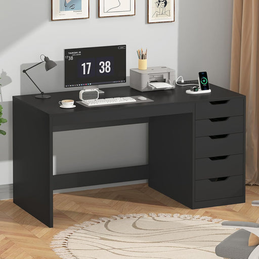 47 Inch Computer Desk with 5 Drawers and Power Outlets, Home Office Desks with Storage File Cabinet, Modern Simple Laptop Desk Writing Table for Small Spaces, Black