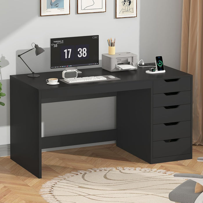 47 Inch Computer Desk with 5 Drawers and Power Outlets, Home Office Desks with Storage File Cabinet, Modern Simple Laptop Desk Writing Table for Small Spaces, Black