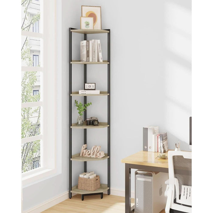 Corner Shelf Stand, Corner Bookshelf, Storage Standing Shelf Unit with Metal Frame, Plant Stand, Corner Bookcase for Living Room, Home Office, Bedroom, 6-Tier Greige CS06005B