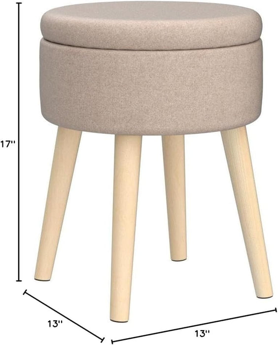 Storage Ottoman Linen round Vanity Stool Tray Top Modern Foot Stool with Wood Legs Multifunctional Upholstered Foot Ottoman Rest for Living Room, Bathroom, Makeup (Khaki)
