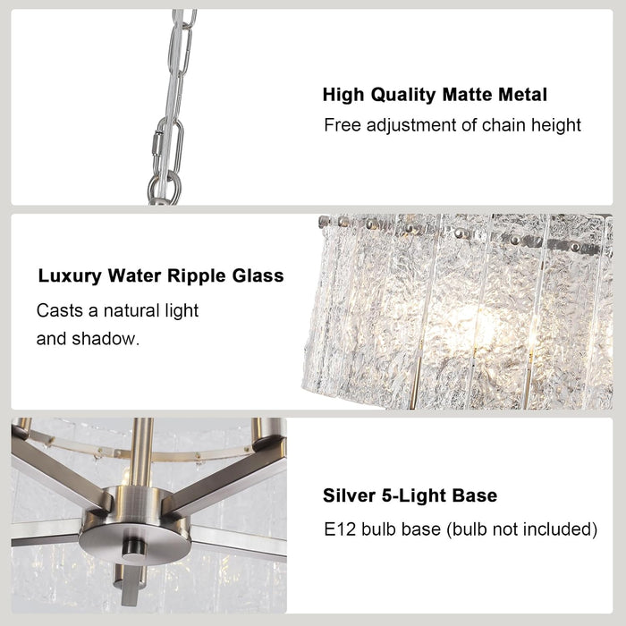Brushed Nickel Glass Chandeliers for Dining Room, 18.7'' Modern Farmhouse Glass Drum Chandelier for Entryway, 5-Light Hanging round Light Fixture for Living Room Bedroom Foyer Hallway Kitchen Island