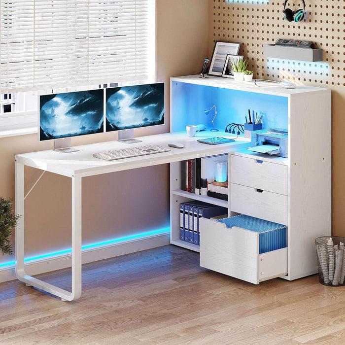 L Shaped Desk with Drawers, 55" Corner Computer Desk with Bookshelf & Power Outlets & LED Lights, Home Office Desk with Storage Shelves, White