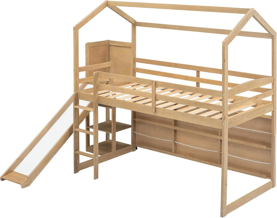 Twin EngineeredWood Loft Bed With Slide StorageShelves