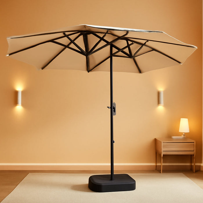 13 Ft Triple-Size Patio Umbrella W/Base Included - Market Extra-Large Double Sided Umbrella - Twin-Size Patio Parasol W/Easy Crank & 12 Strong Ribs & Ventilation Openings, Tan