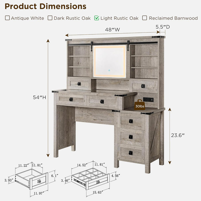 48'' Farmhouse Makeup Vanity Desk with Sliding HD Mirror and Lights, Big Modern Lighted Vanity Table with 7 Drawers & Shelves, Rustic Large Dressing Table for Bedroom, Light Rustic Oak