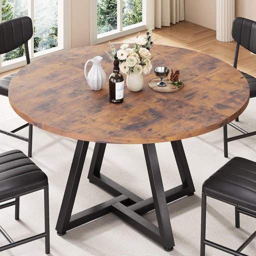 round Dining Table Kitchen Dining Room Circle Dinner Pedestal Table for 4, Space Saving Wood Kitchen & Dining Room Furniture (Rustic Brwon)