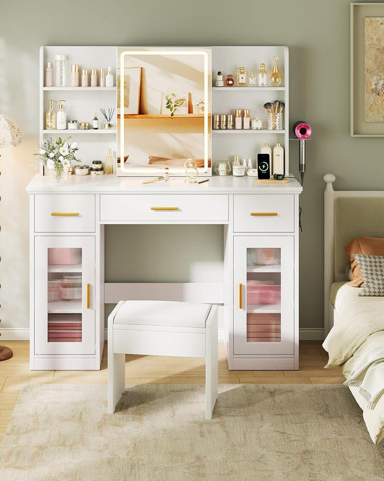 Vanity Desk with Mirror and Lights, 43.5" Makeup Vanity with 3 Adjustable Lighting Modes, Large Vanity Desk with Sliding Mirror with 4 Drawers & 2 Cabinets, Power Outlets, White