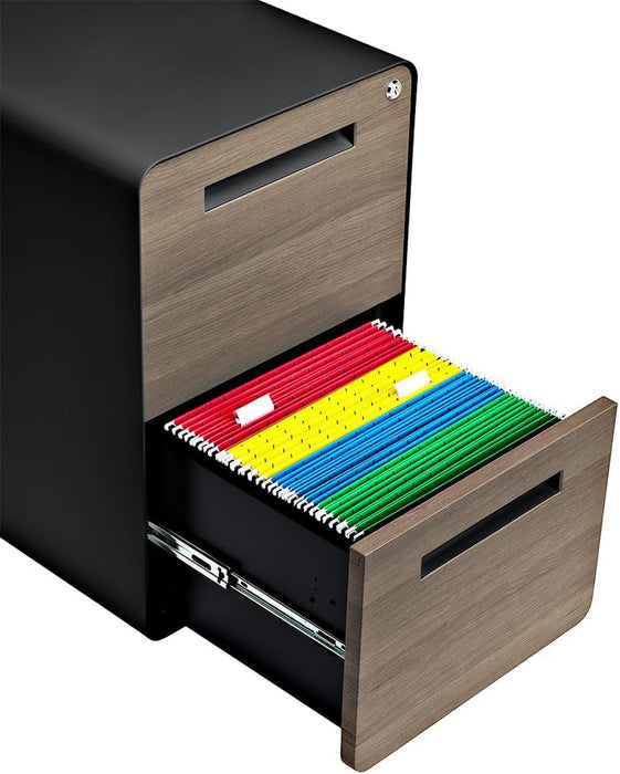 Stockpile 2 Drawer Mobile File Cabinet with Lock - under Desk Metal Filing Cabinet, Legal/Letter File Folders, Wheels and Stationary Feet, Pre-Assembled, Black/Wood