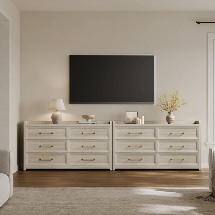 6 Drawer Dresser for Bedroom-56.4" Extra-Wide Wooden Chest of Drawers with Large Storage, Long Dresser TV Stand with Drawers, Farmhouse Closet Dressers for Nursery Living Room, Grey White Oak