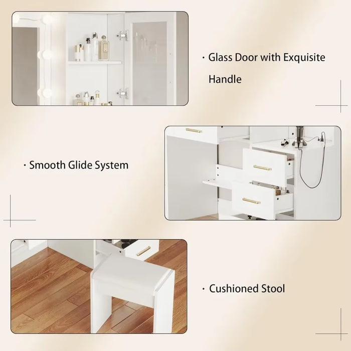 58.3" Large Vanity Desk with Mirror & Lights, Makeup Vanity with 10 LED Lights, 8 Metal Sliding Drawers & 2 Cabinets,