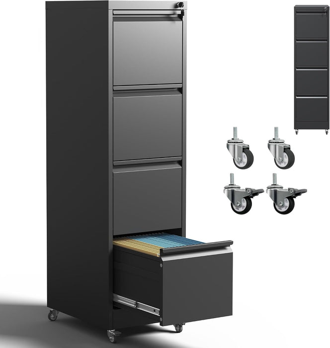 4 Drawer Mobile File Cabinet with Lock,Black Metal Filing Cabinets