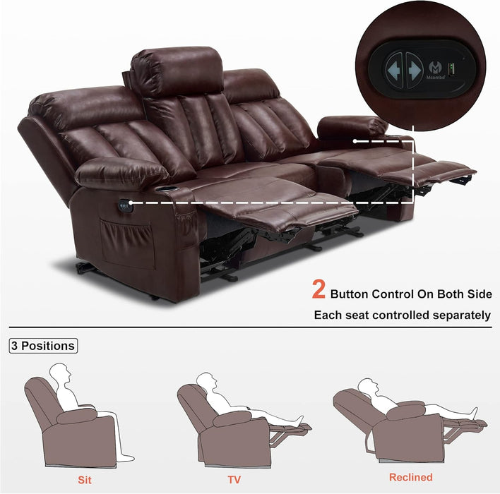 Power Reclining Sofa with Heat and Vibration,Usb Ports, Cup Holders,3-Seat Dual Recliner Sofa for Living Room 6077(Dark Brown, Reclining Sofa)