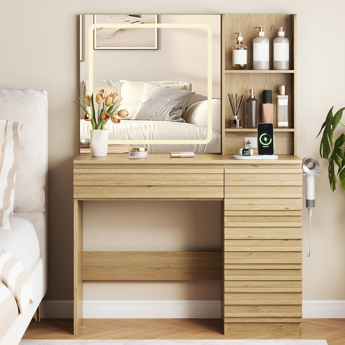 Vanity Desk with Lights, Fluted Vanity with 4 Drawers, Open Shelves, Power Outlet, LED Lighted Mirror, 3 Lighting Modes & Brightness Adjustable, Wood Dressing Table for Bedroom,Natural Oak