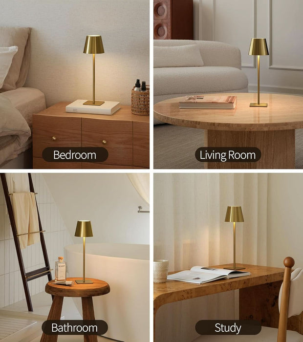 3 Pack Cordless Table Lamp, Battery Operated Lamp - Portable Waterproof Rechargeable Table Lamp W/ 3 Color Temps & Stepless Dimming for Dinner, Desk, Cafe, Outdoor (Brushed Gold)