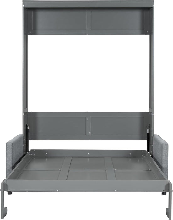 Full Size Murphy Bed, Wooden Full Murphy Bed with Cushion, Wall Bed with Sofa for Home Office or Small Room, Gray