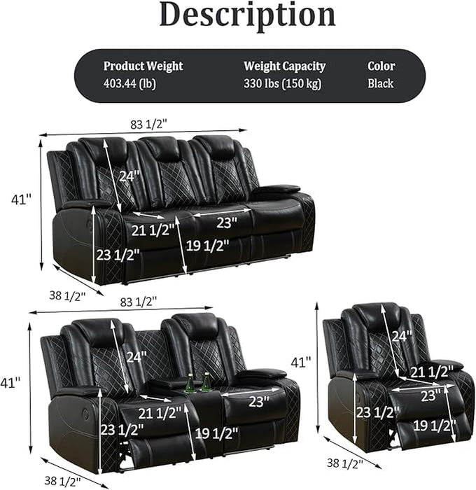 Power Recliner Set with LED Lights, Air Leather Reclining Set with USB Port/Wireless Charger/Storage Console/Cup Holder for House/Hometheater/Apt (Black, Sofa Loveseat Chair)
