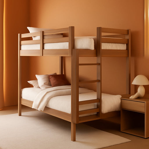 Bear Twin over Twin Bunk Bed, Sturdy Bunk Bed Frame for Kids, Plywood Bunk with Ladder, Guardrail, and Slats, No Box Spring Required, Oak Embossed Pecan