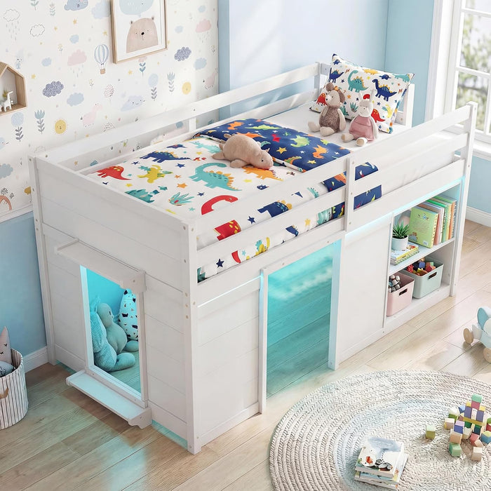 Loft Bed Twin Size with LED Lights, Wooden Low Bed Frames for Kids W/2 Doors, Under-Bed Play Space & Storage Bookcase, Modern Bedframe with Ladder & Safety Guardrail for Boys Girls (White)
