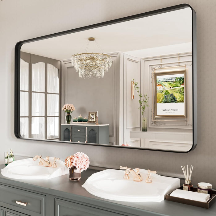 Black Metal Framed Bathroom Mirror for Wall, Large 55X30 Inch Rounded Rectangle Mirror, Matte Black Bathroom Vanity Mirror Farmhouse, Anti-Rust, Tempered Glass, Hangs Horizontally or Vertically
