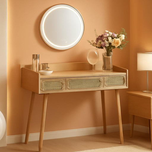 Vanity Desk with Mirror and Lights, Boho Makeup Vanity Table with 3 Rattan-Look Drawers, Dimmable Touch Control Light with 3 Color Temperatures, for Bedroom, Oak Beige