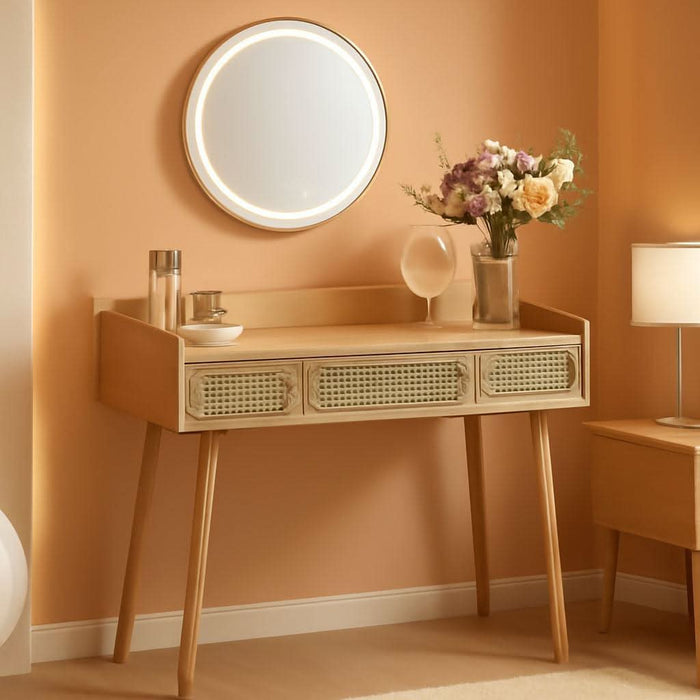 Vanity Desk with Mirror and Lights, Boho Makeup Vanity Table with 3 Rattan-Look Drawers, Dimmable Touch Control Light with 3 Color Temperatures, for Bedroom, Oak Beige