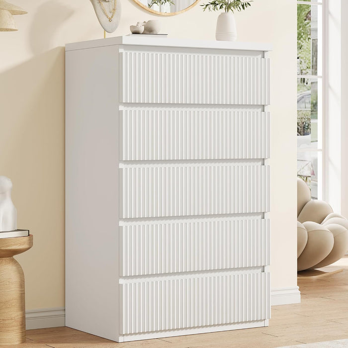Fluted 5 Drawer Dresser, 43" Tall Dresser for Bedroom, Modern Fluted Chest of Drawers, Wood Drawer Organizer for Living Room, Bedroom, Entryway, Hallway (White)