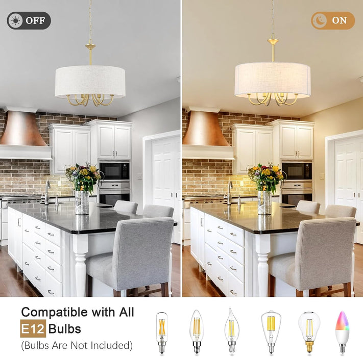 Gold Drum Chandelier for Dining Room, 6-Light Modern Farmhouse Chandelier with Linen Shade, 18" Brass round Chandelier Hanging Light Fixture for Kitchen Island Bedroom Living Room Entryway