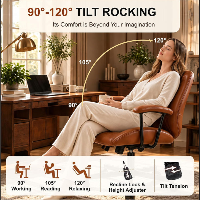 PU Leather Office Chair with Lumbar Support, Removable Arms, Brown