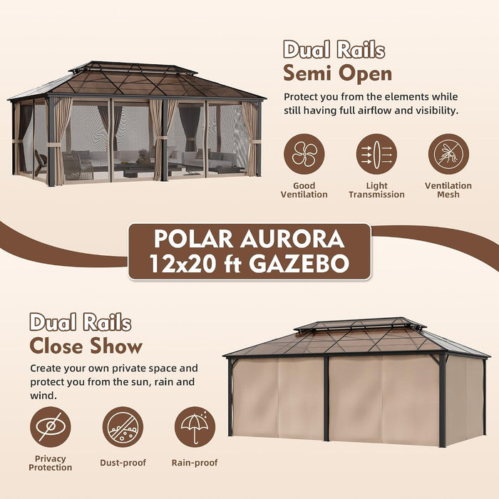 12x20 Polycarbonate Gazebo Dark Brown Aluminum Frame