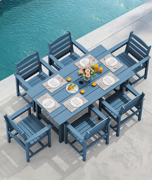 7-Piece Patio Dining Table Sets, Outdoor HDPE Dining Furniture Set with Umbrella Hole Cut-Out Table and 6 Chairs, Blue