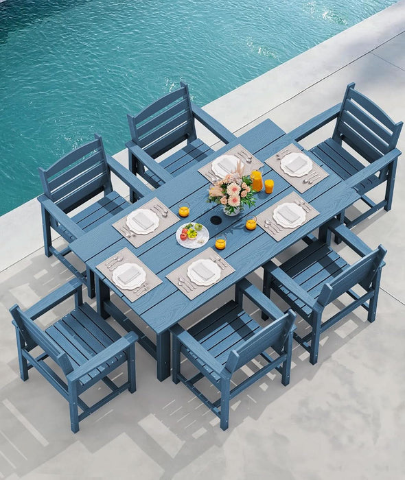 blue umbrella patio dining 7 Piece Patio Dining Set Outdoor HDPE Table Blue Chairs