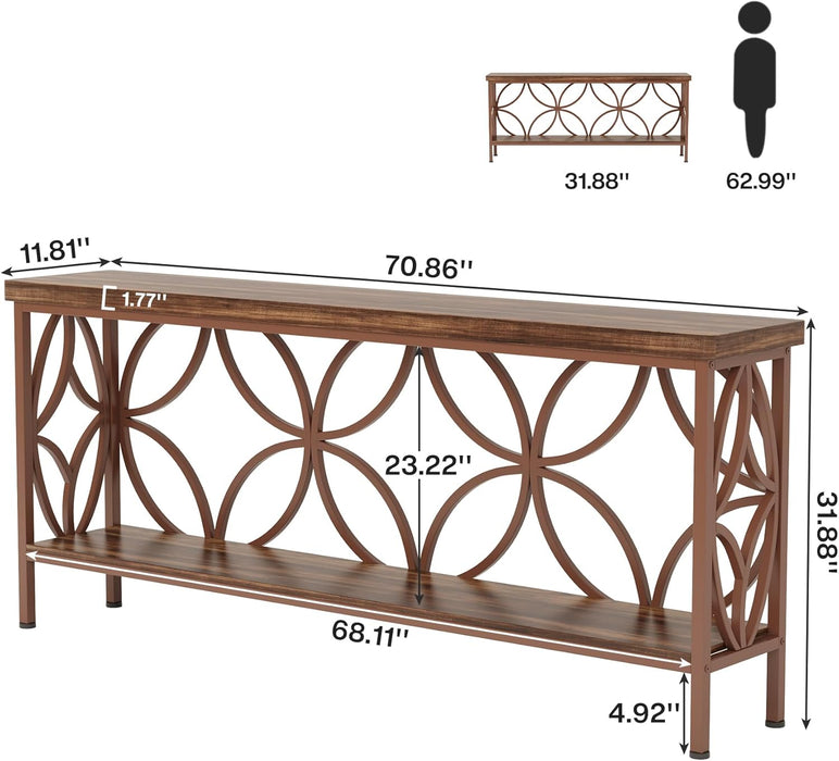 70.9-Inch Narrow Sofa Table, Industrial Long Sofa Table behind Couch, Entry Console Table with Storage for Entryway, Living Room, Foyer, Unique Design, Brown Glossy