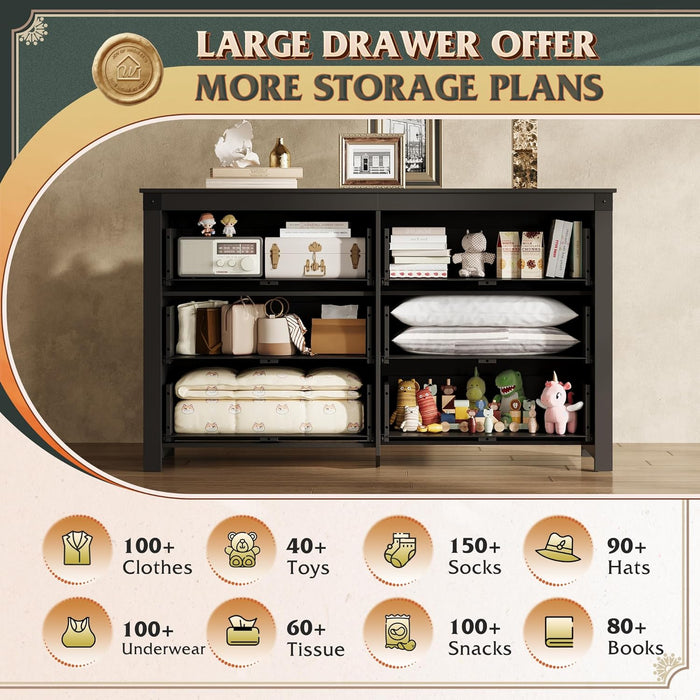 Farmhouse Black Dresser for Bedroom, 53.07'' Wide 6 Drawer Wood Dresser, Chest of Drawers with Double Rustic Handle, TV Stand for 60 Inch TV, Modern Clothes Organizer for Living Room, Hallway