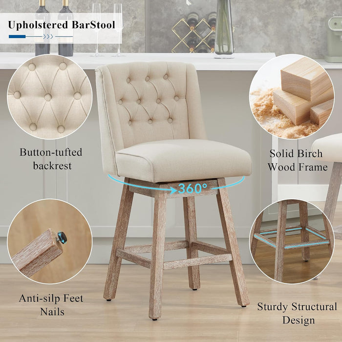 26" Swivel Bar Stools Set of 2, Counter Height Barstools with Back, Linen Fabric Upholstered Bar Stools, Modern Barstools Wood Legs for Kitchen Island Dining Room Bar