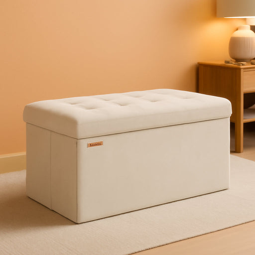 Mazie Collection - Storage Ottoman Bench, Foldable Foot Rest, 15 X 30 X 15 Inches, End of Bed Bench, Storage Chest, Load 660 Lb, Living Room, Bedroom, Entryway, Cream White ULSF247W01