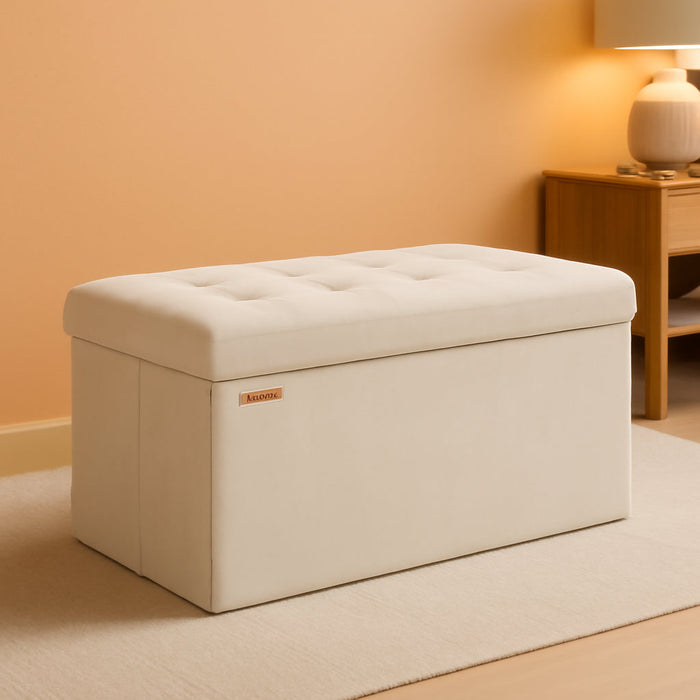 Mazie Collection - Storage Ottoman Bench, Foldable Foot Rest, 15 X 30 X 15 Inches, End of Bed Bench, Storage Chest, Load 660 Lb, Living Room, Bedroom, Entryway, Cream White ULSF247W01