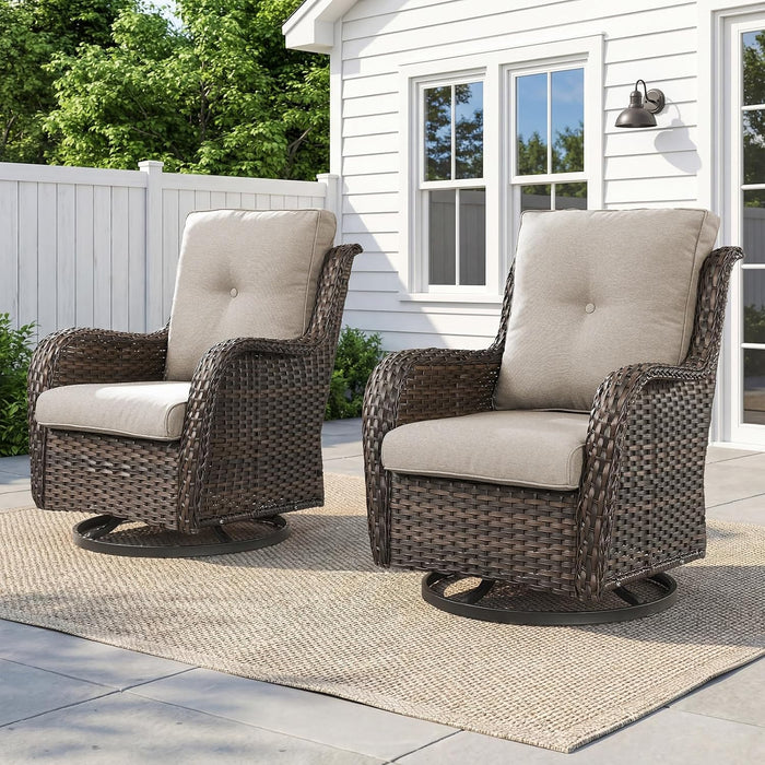 Outdoor Swivel Chairs Set of 2,Patio Wicker Rocker Chairs,All Weather Patio Conversation Furniture Set, Ideal for Porch Balcony Deck Yard, Brown Wicker/Beige