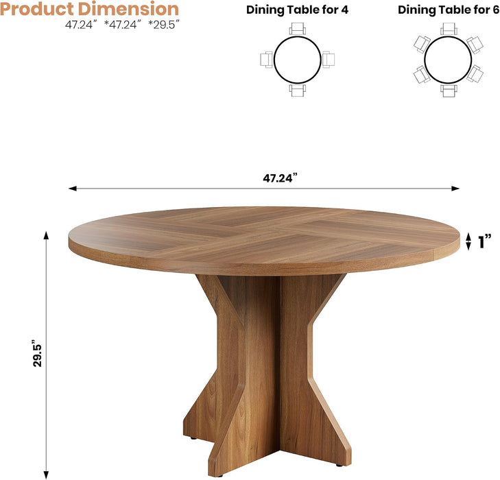 round Dining Table for 4-6 People - 47" Circle Kitchen Dinner Table with Sturdy Pedestal Base, Small Spaces Dinning Room Furniture for Living Room, Kitchen, Apartment, Brown