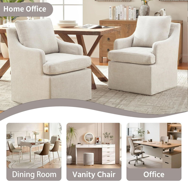 Upholstered Dining Chairs Set of 2, Modern Kitchen Chairs Dinner Chairs with 4 Casters, Linen Armchair for Bedroom Reading Room Living Room, Beige