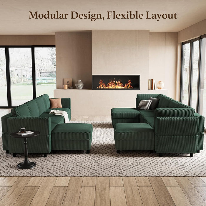 Green Modular Sectional Sofa Featuring Deep Storage