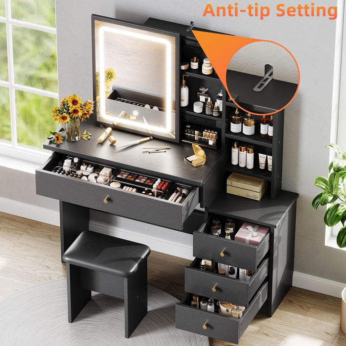 Black Makeup Vanity Desk with Sliding Mirror & 4 Drawers | Smart LED Mirror, 3 Adjustable Lighting Modes, Vanity Chair, 4 Drawers, 7 Shelves, Dressing Table for Women, Girls