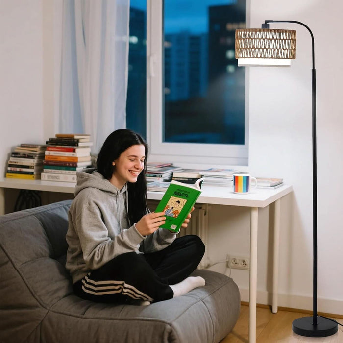 Arc Floor Lamp for Living Room，Boho Standing Lamp with Rattan & Fabric Shades,Farmhouse Floor Lamps with Foot Switch，Adjustable Tall Lamp for Bedroom, Office,Led Bulb Included