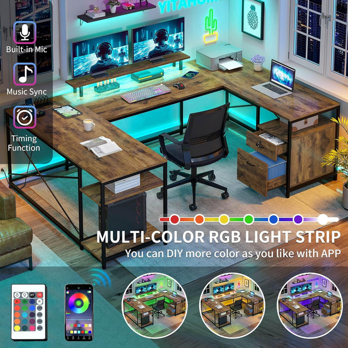 U Shaped Desk with Power Outlets & LED Lights, 79" Reversible L Shaped Desk with Drawers, Corner Computer Desk Office Desk with Monitor Stand & Storage Shelves, Rustic Brown