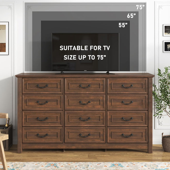 Farmhouse Dresser 12Drawer 63Inch Brown Storage Cabinet