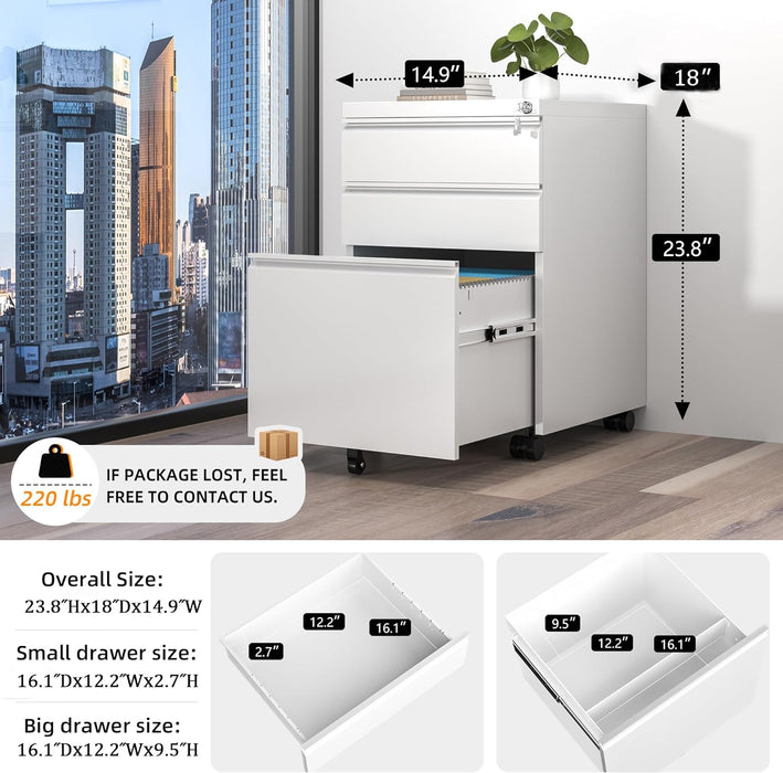 Locking 3-Drawer Rolling File Cabinet