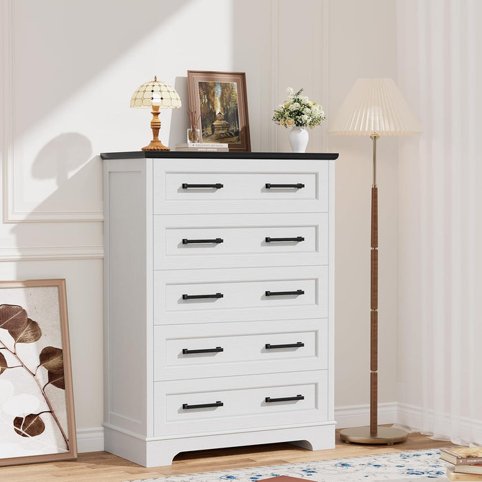 Tall Dresser Five Drawers Farmhouse White Distressed