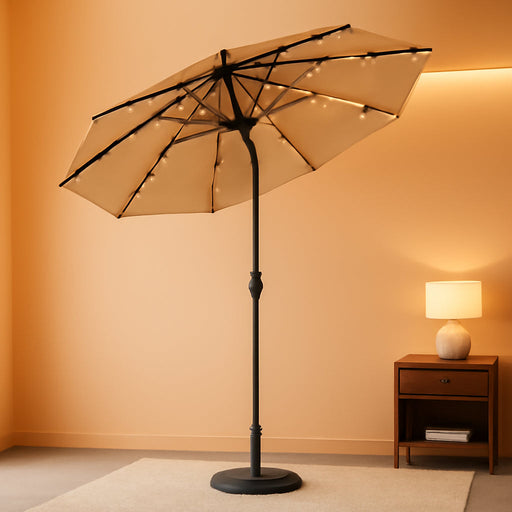 Outdoor Solar Patio Umbrella 3 Tiers with 32 LED Lights, Beach Market Table Umbrella with Crank and 8 Sturdy Ribs for Pool, Terrace, Restaurant