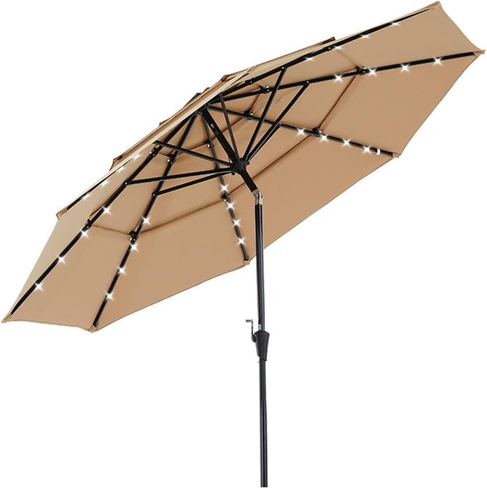 Outdoor Solar Patio Umbrella 3 Tiers with 32 LED Lights, Beach Market Table Umbrella with Crank and 8 Sturdy Ribs for Pool, Terrace, Restaurant