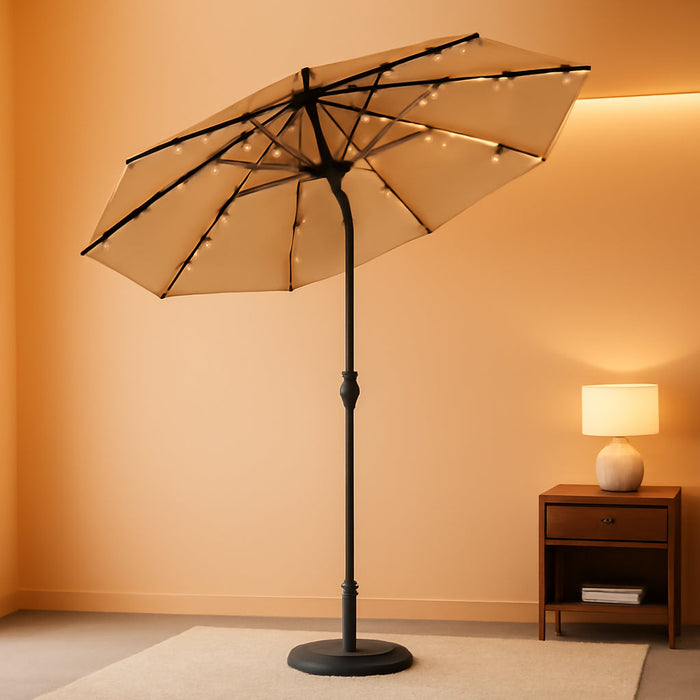Outdoor Solar Patio Umbrella 3 Tiers with 32 LED Lights, Beach Market Table Umbrella with Crank and 8 Sturdy Ribs for Pool, Terrace, Restaurant